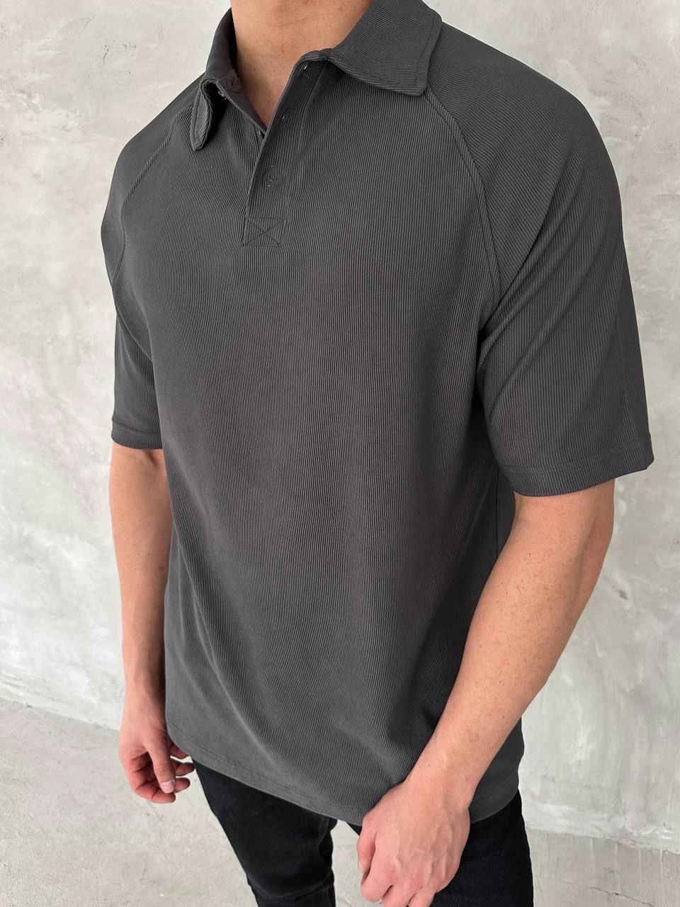 Yakalı Patlı Kısa Kol T-shirt - Antrasit -
