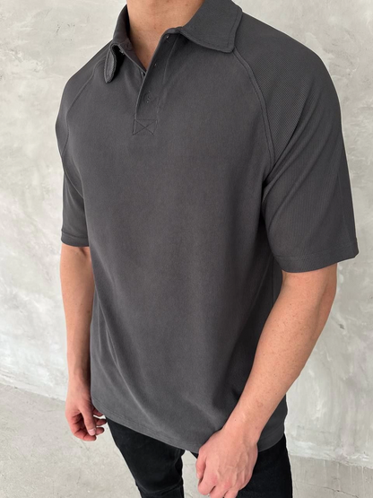 Yakalı Patlı Kısa Kol T-shirt - Antrasit -
