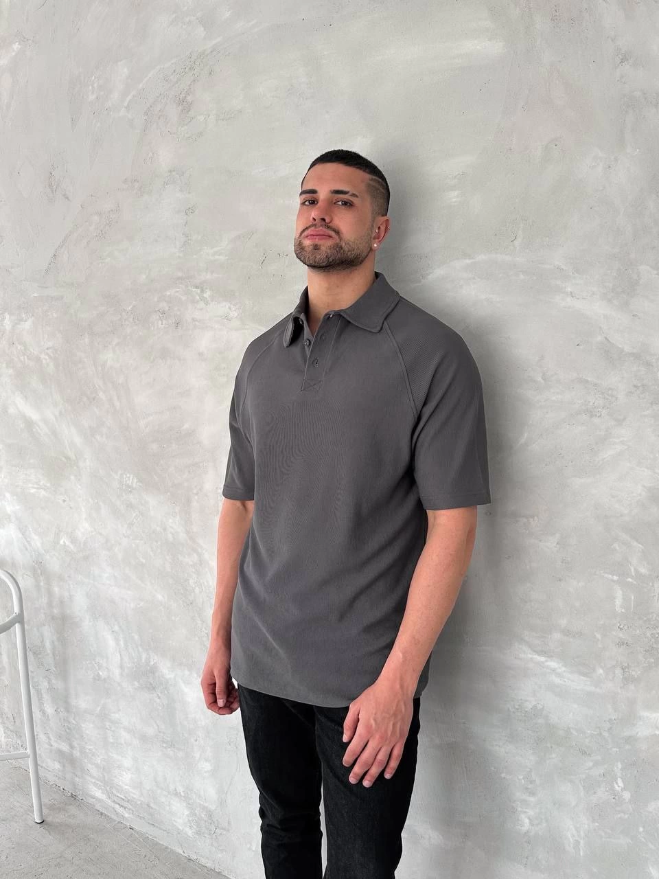 Yakalı Patlı Kısa Kol T-shirt - Antrasit -