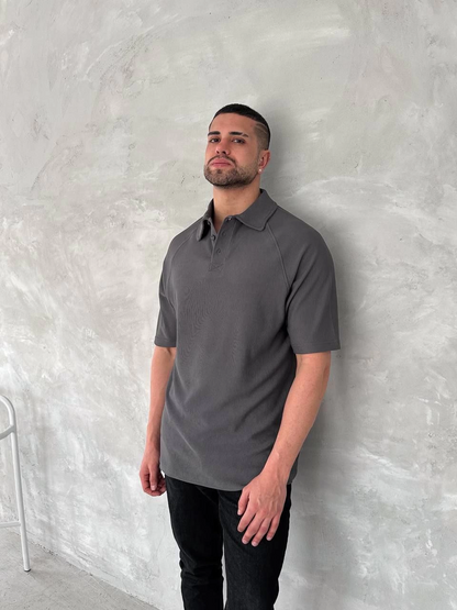 Yakalı Patlı Kısa Kol T-shirt - Antrasit -