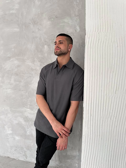 Yakalı Patlı Kısa Kol T-shirt - Antrasit -