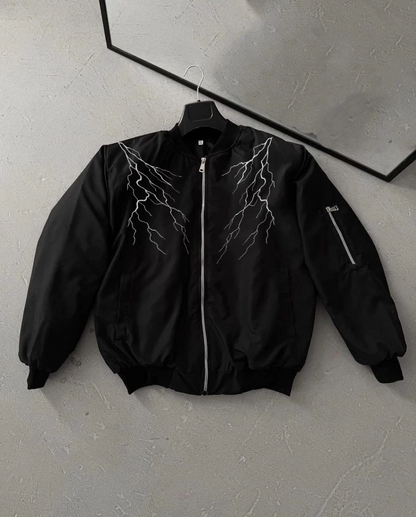 Siyah Bomber Mont - Beyaz Şimşek Desenli -