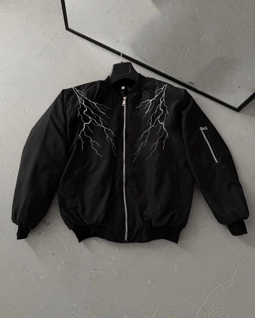Siyah Bomber Mont - Beyaz Şimşek Desenli -
