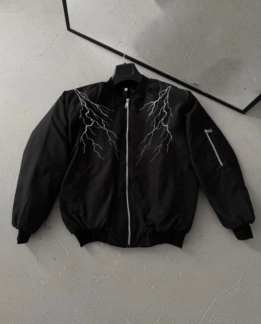 Siyah Bomber Mont - Beyaz Şimşek Desenli -