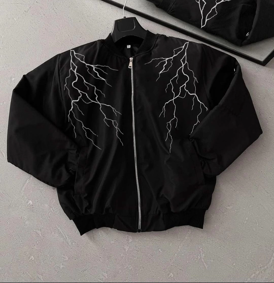 Siyah Bomber Mont - Beyaz Şimşek Desenli -
