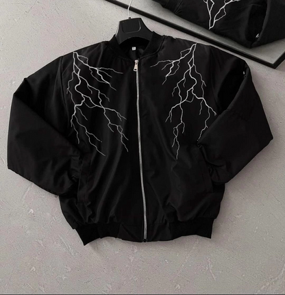 Siyah Bomber Mont - Beyaz Şimşek Desenli -